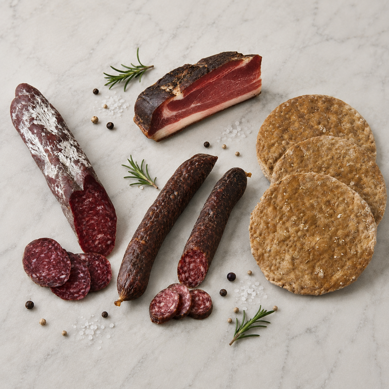 Genussbox – Speck, Ethical Kaminwurzen, Ethical Rindersalami & Meraner Schüttelbrot
